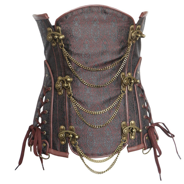 Vintage Waist Trainer Corset Steel Boned Bustier Metal Chain Korset Brown Steampunk