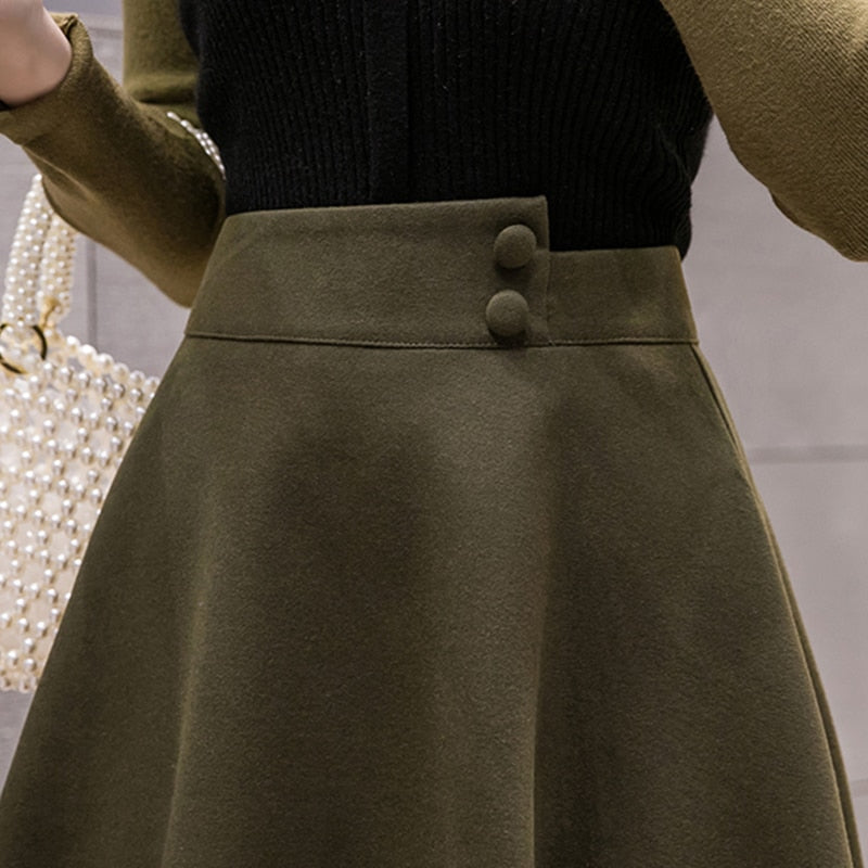 Skirt High Waist Two Button Solid Elegant Mid Woolen Skirts