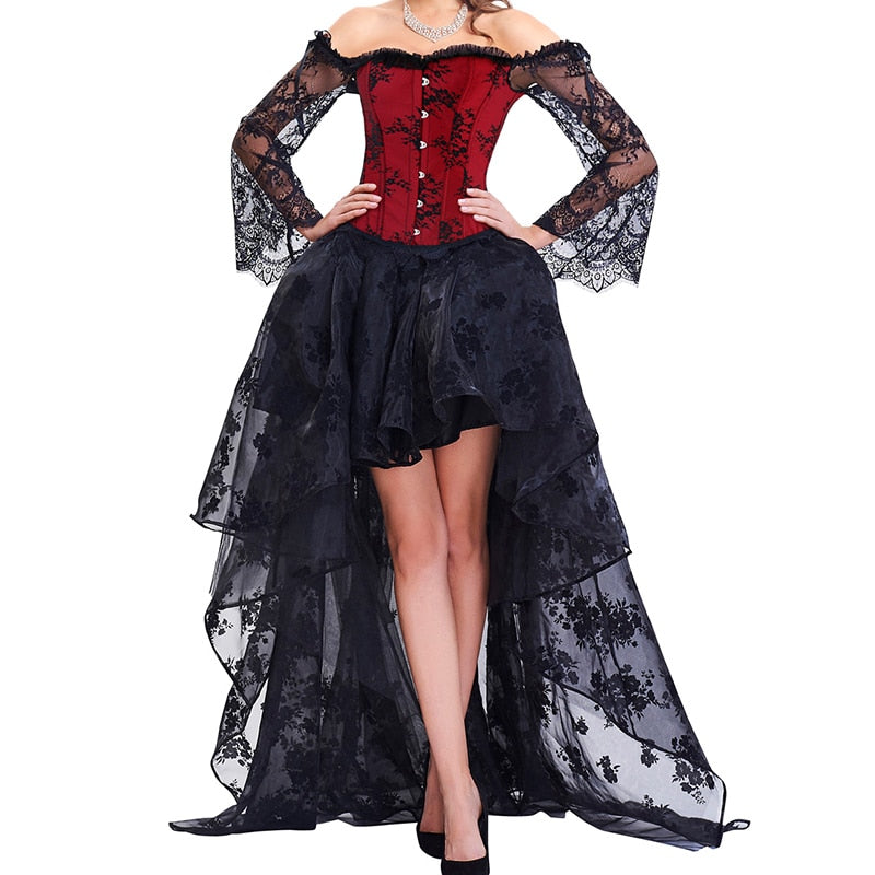 Steampunk Corset Dress Bustier Gothic Corselet Corsets Women Lace Off Shoulder Floral Long Dresses Top Skirts Set