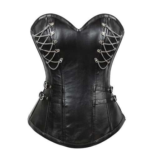 Women Faux PU Leather Overbust Corset Steampunk Black Corsets