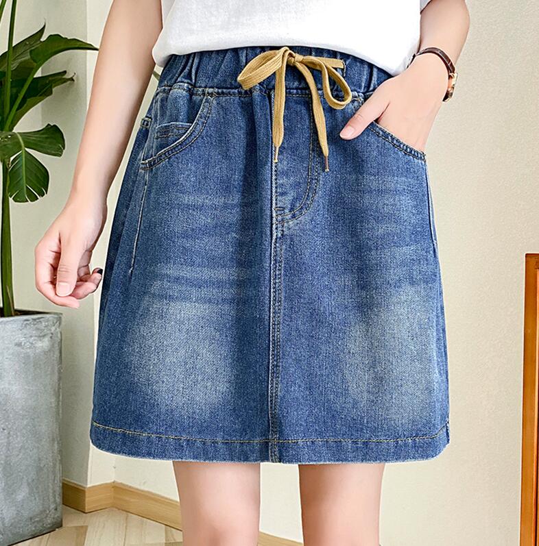 Plus Size Fashion Bottoms Elastic Waist Lace-Up Blue Jeans Summer Casual Streetwear Pockets Short Skirt