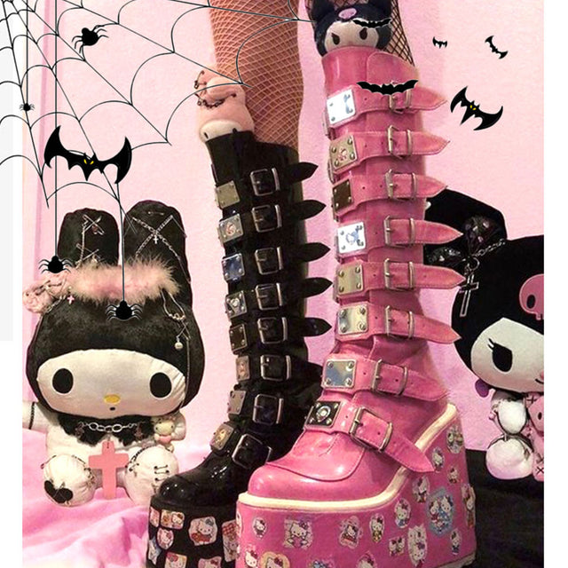 Gothic Vampire Halloween Cosplay Punk Buckle Street Platform Wedge High Heel Boots Women Shoes