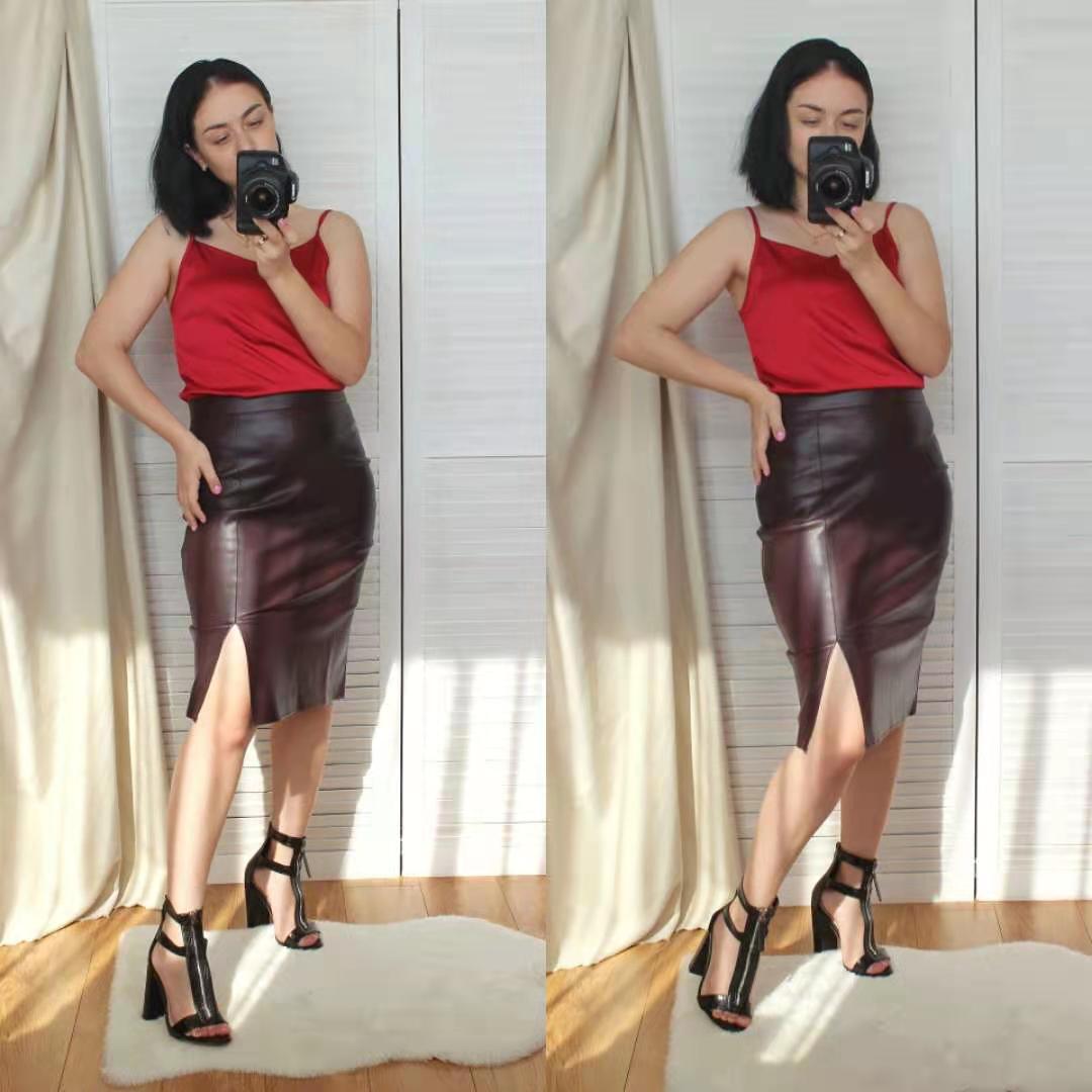 Black Front Split PU Leather Pencil Skirt Bodycon Fashion Elegant Knee Length Skirt