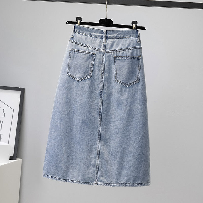 Loose Denim Skirt Women summer Medium Long Split High waist Jeans Patchwork female Streetwear skirts