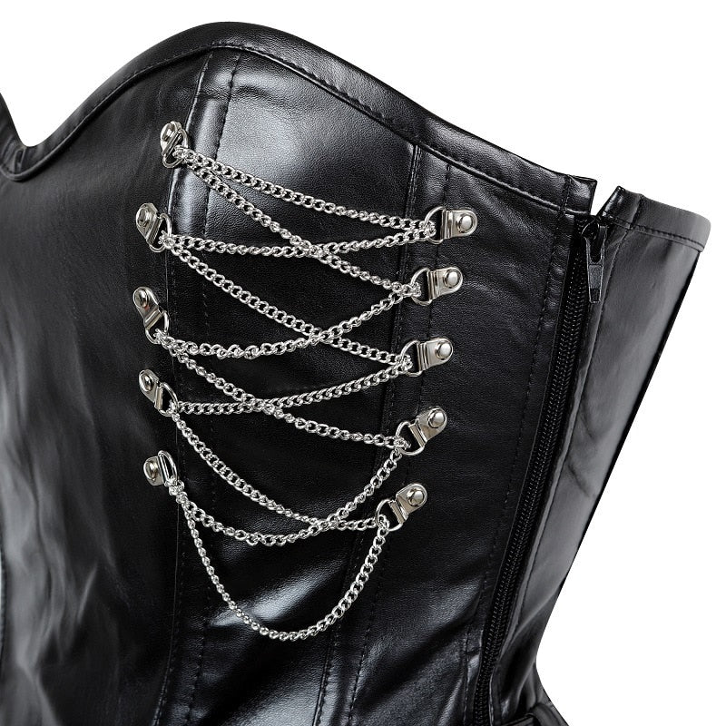 Women Faux PU Leather Overbust Corset Steampunk Black Corsets