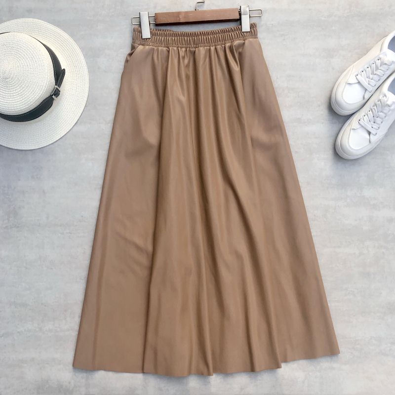 80cm Women Leather Long Skirts Pockets 2022 Winter Elastic Waist A-Line Flare Skirt