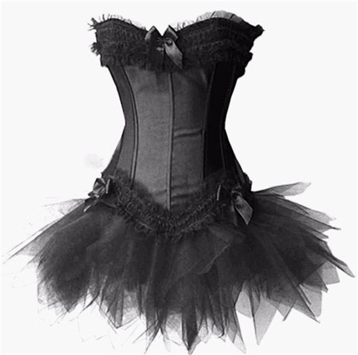 Gothic Corsets Dress Satin Lingerie Lace Top  G-string  Skirt Bustier