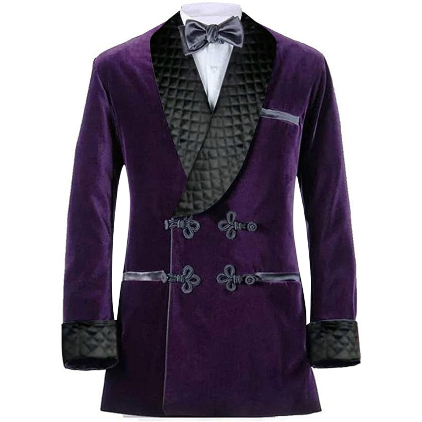 Velvet Smoking Jacket Shawl Lapel Formal Wedding Tuxedo Double Breasted Dinner Party Suit Blazer
