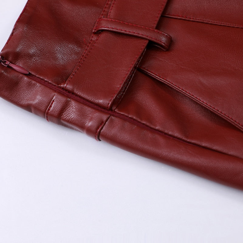 Back Slit High Waist Streetwear Straight Skirt Knee-Length Pocket PU Skirt
