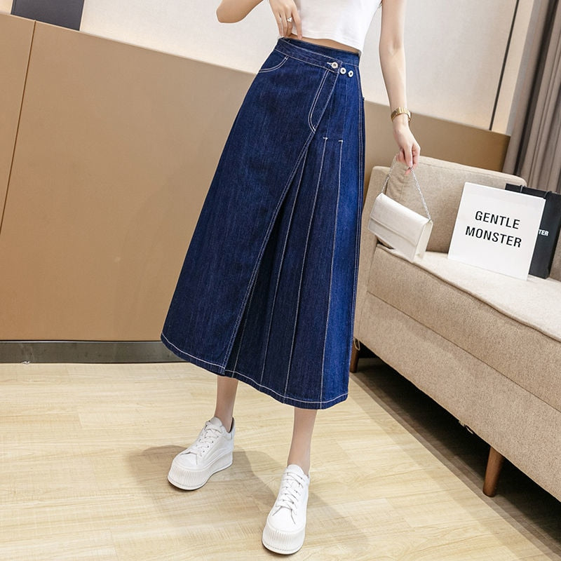 Pleated Midi Denim Skirt Irregular Jean Skirts Harajuku Vintage Faldas Ropa