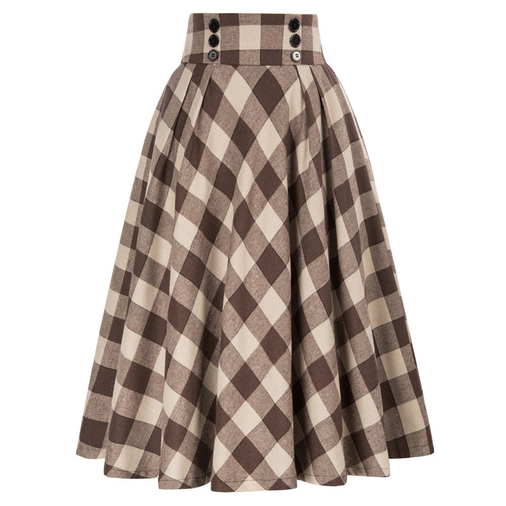 Plaided Skirt High Waist Buttons Decorated Flared A-Line With Open Side-seam Pockets Flared A-Line Silhou