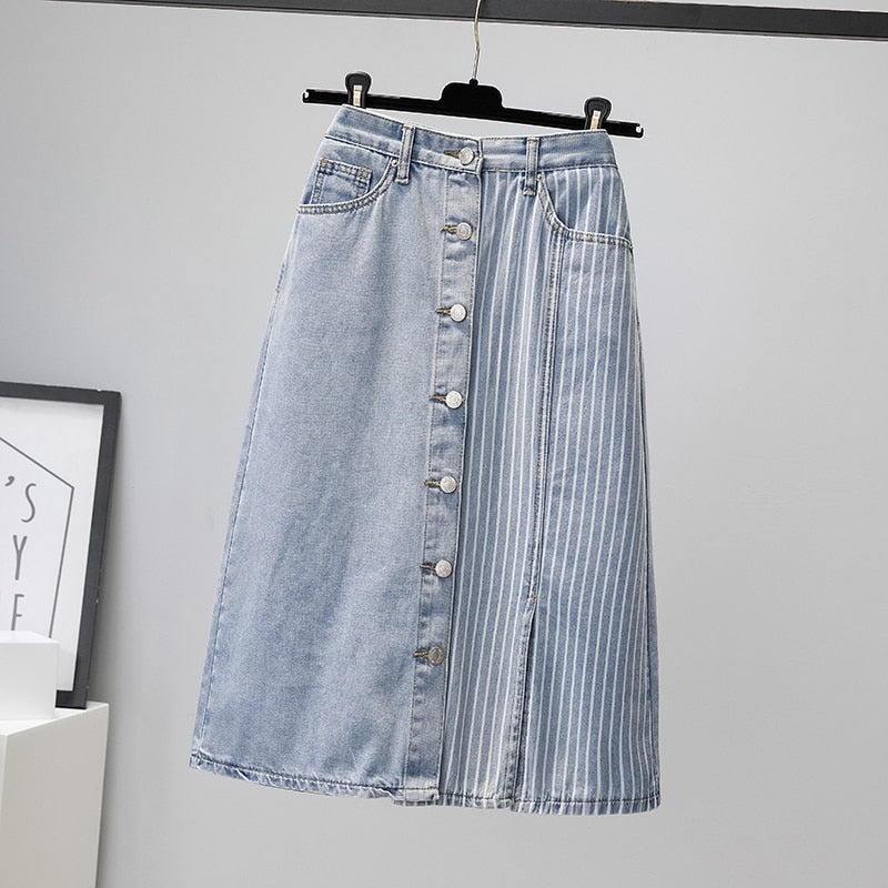 Loose Denim Skirt Women summer Medium Long Split High waist Jeans Patchwork female Streetwear skirts