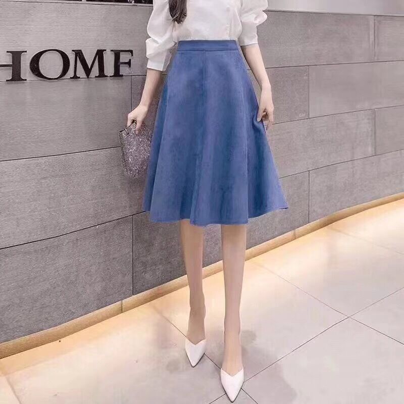 2022 Vintage Style Elastic Ladies A-Line Black Green Flare Fashion High Waist Midi Skirt