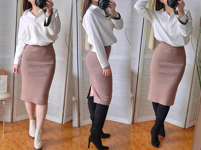 Knit Pencil Skirt Women Plus Size High Waist Skirts Womens Knited Split Midi Skirt Women Aut