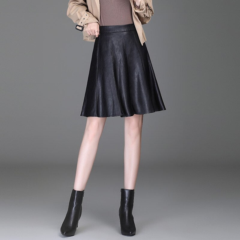 A-line Women  Pu Leather Short Skirt High Waist All-Match  Skirt Elegant