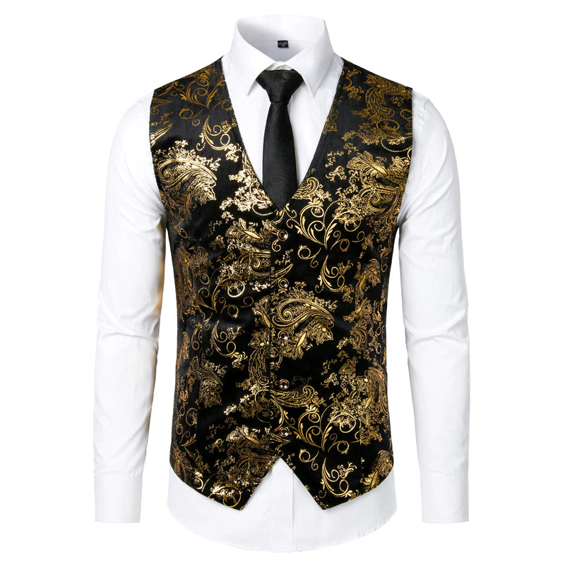 Mens Gold Metallic Paisley Printed Steampunk Vest Single Breasted V Neck Wedding Waistcoat Men Tuxedo Aristocrat Vests Gilet 2XL