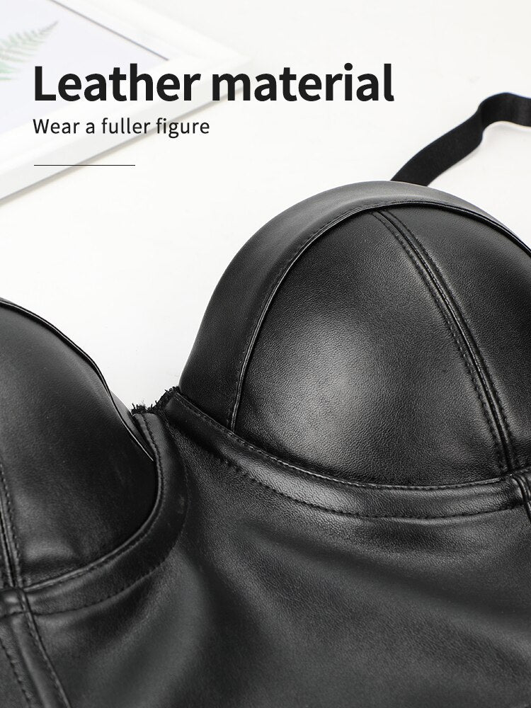 Leather gothic clothing Corselet top Burlesque Push up Bras  Women Bra Tops