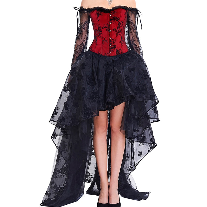 Steampunk Corset Dress Bustier Gothic Corselet Corsets Women Lace Off Shoulder Floral Long Dresses Top Skirts Set