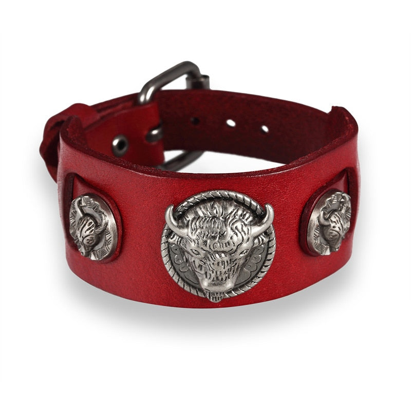 Bull Punk Style Genuine Leather Wrap  For Men Wrist Friendship Big Wide Leather Bracelet