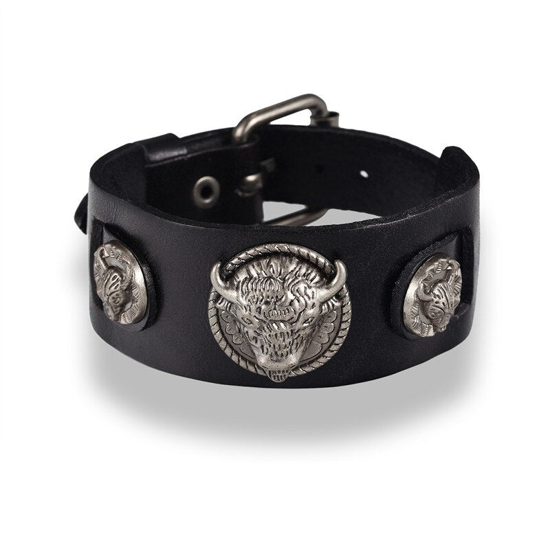 Bull Punk Style Genuine Leather Wrap  For Men Wrist Friendship Big Wide Leather Bracelet