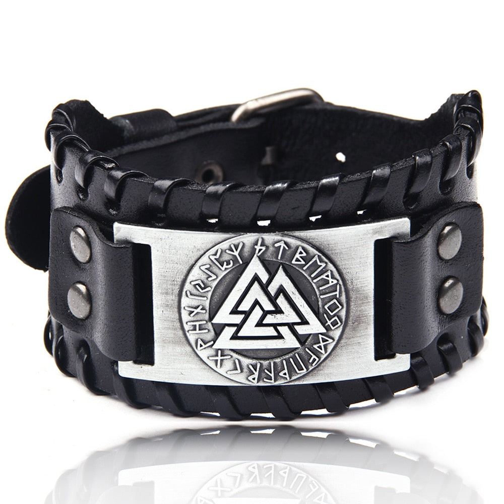 Charm Wide Leather Bracelet Men Punk Braided Rope Alloy Cuff Bangle Male Wristband Viking Bracelet Mens Jewelry