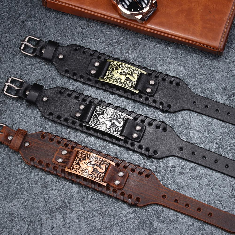 Charm Wide Leather Bracelet Men Punk Braided Rope Alloy Cuff Bangle Male Wristband Viking Bracelet Mens Jewelry