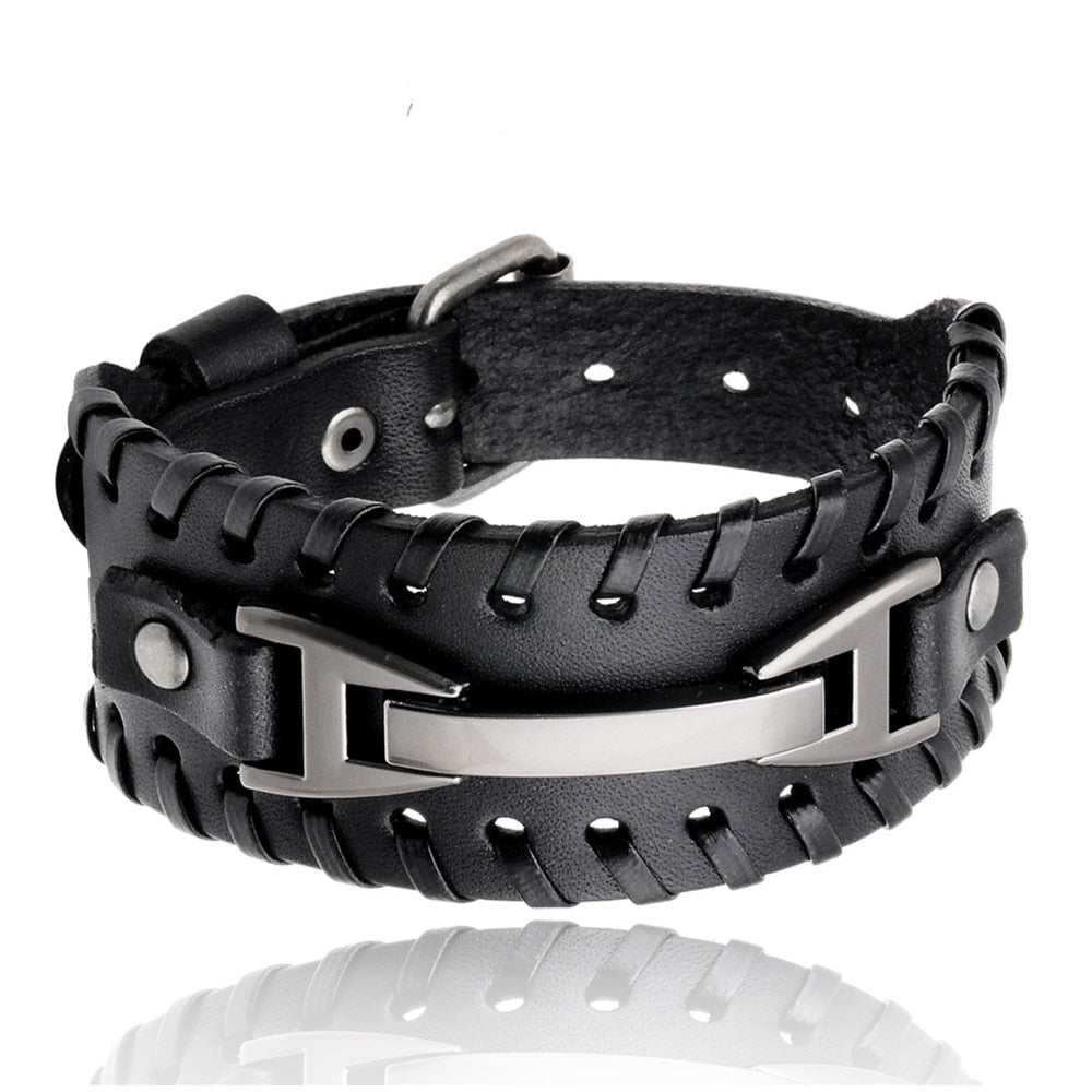 Charm Wide Leather Bracelet Men Punk Braided Rope Alloy Cuff Bangle Male Wristband Viking Bracelet Mens Jewelry