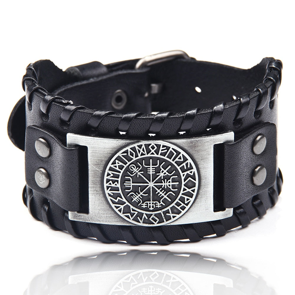 Charm Wide Leather Bracelet Men Punk Braided Rope Alloy Cuff Bangle Male Wristband Viking Bracelet Mens Jewelry