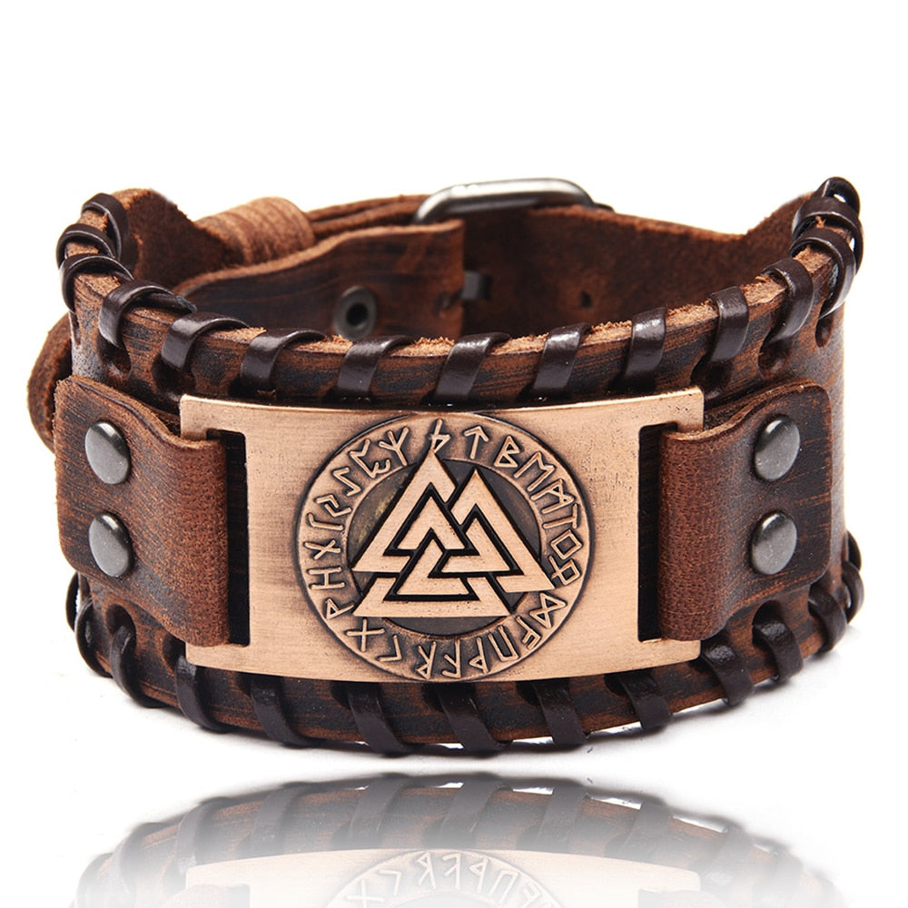 Charm Wide Leather Bracelet Men Punk Braided Rope Alloy Cuff Bangle Male Wristband Viking Bracelet Mens Jewelry