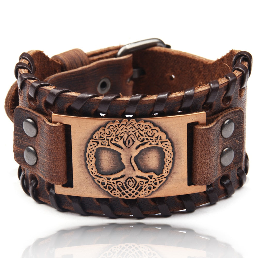 Charm Wide Leather Bracelet Men Punk Braided Rope Alloy Cuff Bangle Male Wristband Viking Bracelet Mens Jewelry