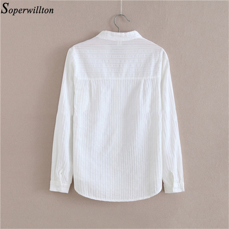 Women Top and Blouse Long Sleeve White Shirt Spring 100% Cotton Shirt