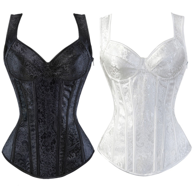 Gothic Jacquard Straps Overbust Corset Sexy Waist Cincher Bustier
