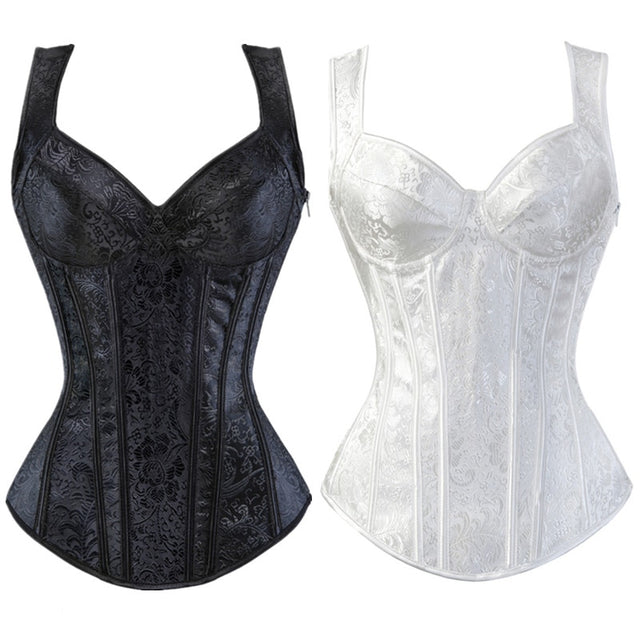Gothic Jacquard Straps Overbust Corset Sexy Waist Cincher Bustier