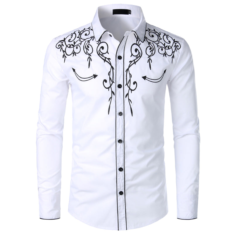 Western Cowboy Shirt  Design Embroidery Slim Fit Casual Long Sleeve Shirts