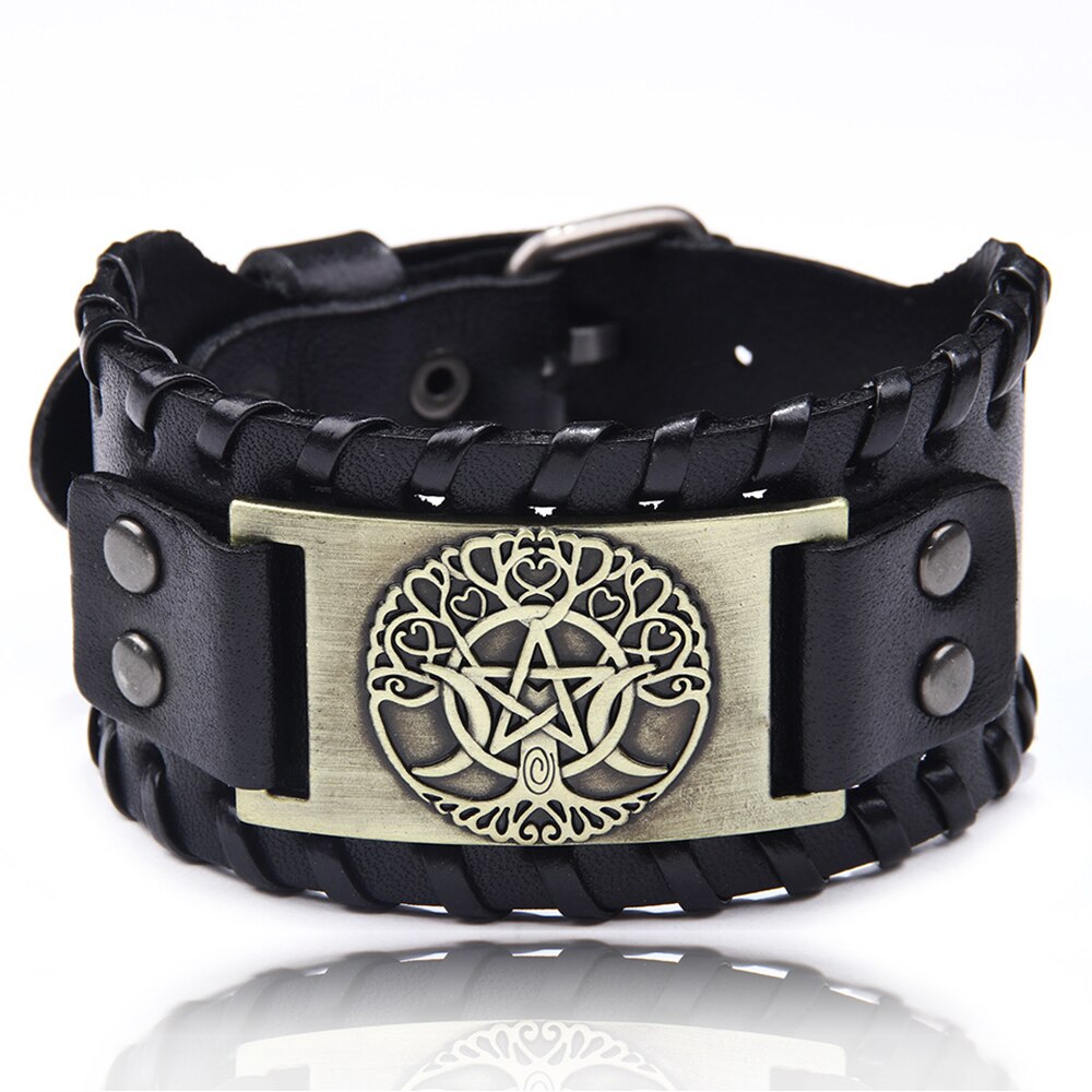 Charm Wide Leather Bracelet Men Punk Braided Rope Alloy Cuff Bangle Male Wristband Viking Bracelet Mens Jewelry