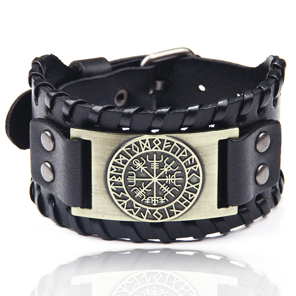 Charm Wide Leather Bracelet Men Punk Braided Rope Alloy Cuff Bangle Male Wristband Viking Bracelet Mens Jewelry