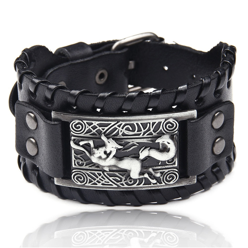 Charm Wide Leather Bracelet Men Punk Braided Rope Alloy Cuff Bangle Male Wristband Viking Bracelet Mens Jewelry