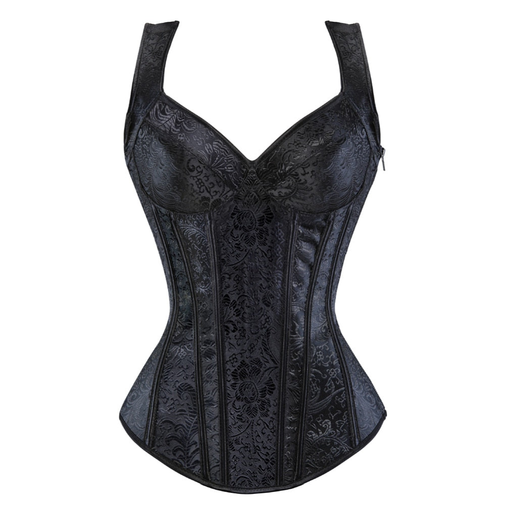 Gothic Jacquard Straps Overbust Corset Sexy Waist Cincher Bustier
