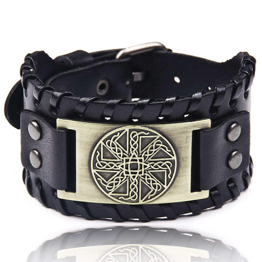 Charm Wide Leather Bracelet Men Punk Braided Rope Alloy Cuff Bangle Male Wristband Viking Bracelet Mens Jewelry