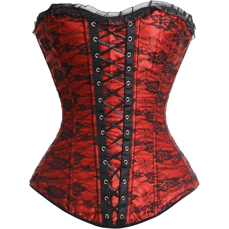 Overbust Corsets and Bustiers Floral Lace Up Corselet Top Lingerie Plus Size