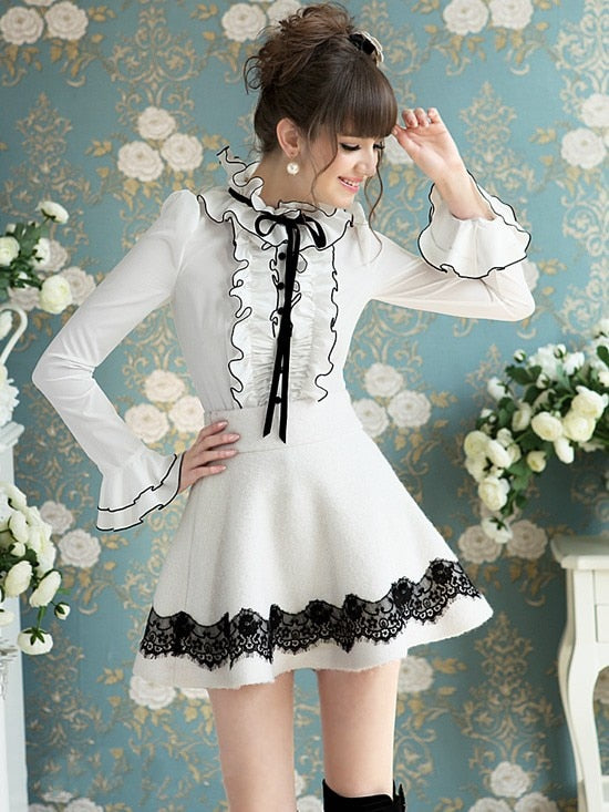 White ruffle black ribbon bow bubble long-sleeve shirt Elegant top blouses shirt
