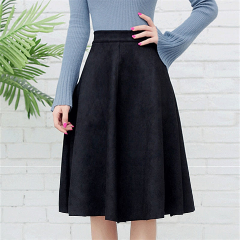 2022 Vintage Style Elastic Ladies A-Line Black Green Flare Fashion High Waist Midi Skirt