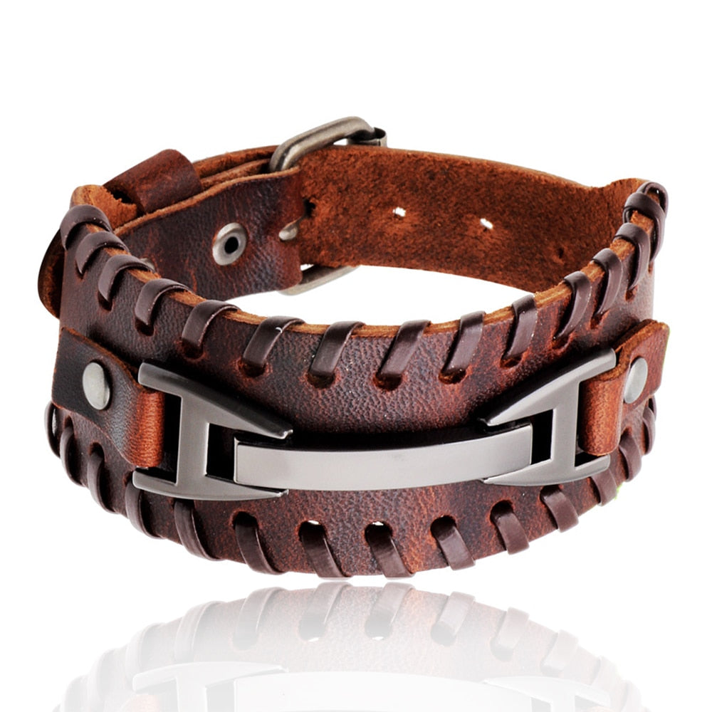 Charm Wide Leather Bracelet Men Punk Braided Rope Alloy Cuff Bangle Male Wristband Viking Bracelet Mens Jewelry