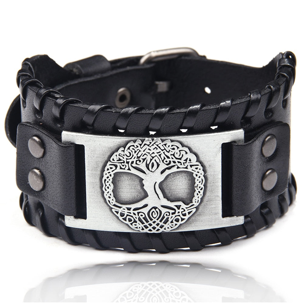Charm Wide Leather Bracelet Men Punk Braided Rope Alloy Cuff Bangle Male Wristband Viking Bracelet Mens Jewelry