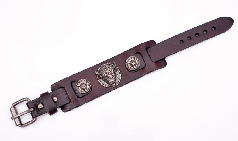 Bull Punk Style Genuine Leather Wrap  For Men Wrist Friendship Big Wide Leather Bracelet