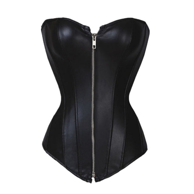 Women Black Faux Leather Steampunk Zipper Overbust Corset