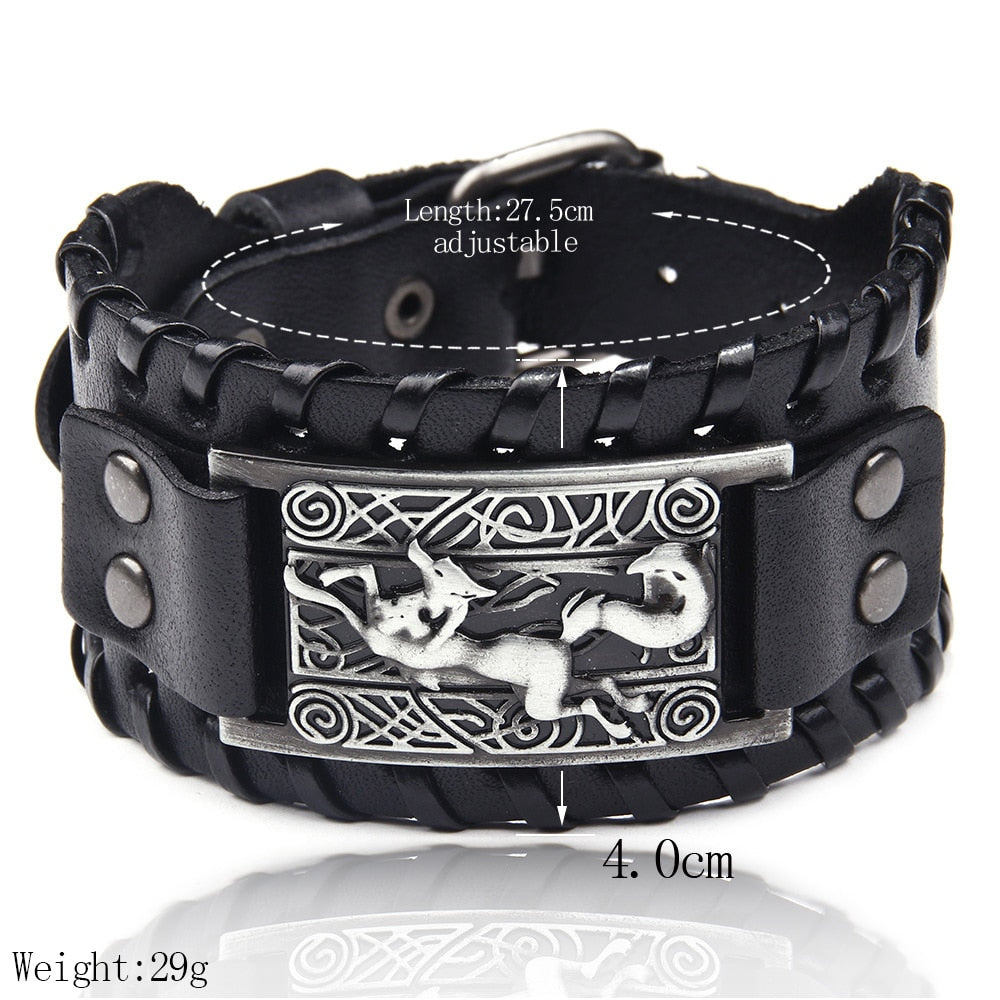 Charm Wide Leather Bracelet Men Punk Braided Rope Alloy Cuff Bangle Male Wristband Viking Bracelet Mens Jewelry