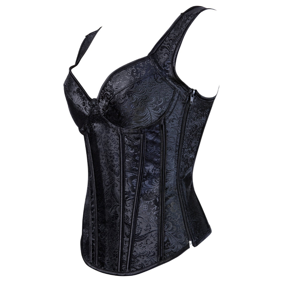 Gothic Jacquard Straps Overbust Corset Sexy Waist Cincher Bustier