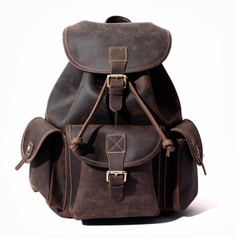 Large Buckle-Flap Genuine Leather Backpack Student Bag Schoolbag Travel Daypack for men & women