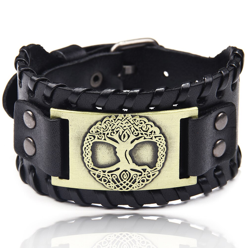 Charm Wide Leather Bracelet Men Punk Braided Rope Alloy Cuff Bangle Male Wristband Viking Bracelet Mens Jewelry